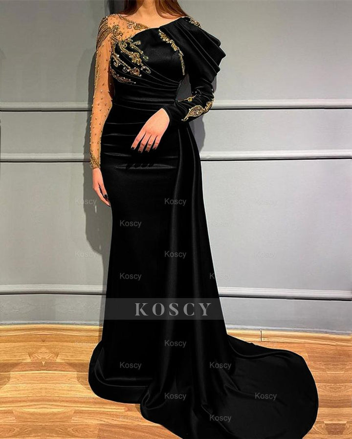 Mermaid Evening Dress: Dark Green Long Sleeves Beads Appliques Mermaid Evening Dress: Dark Green Long Sleeves Beads Appliques