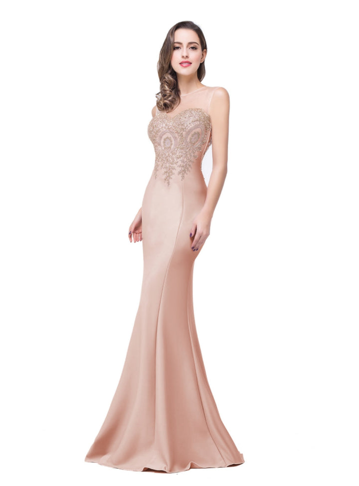 Mermaid Floor-Length Sheer Floor Length Dresses with Rhinestone Appliques-koscy
