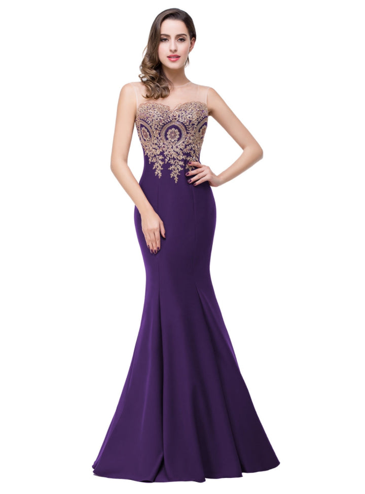 Mermaid Floor-Length Sheer Floor Length Dresses with Rhinestone Appliques-koscy