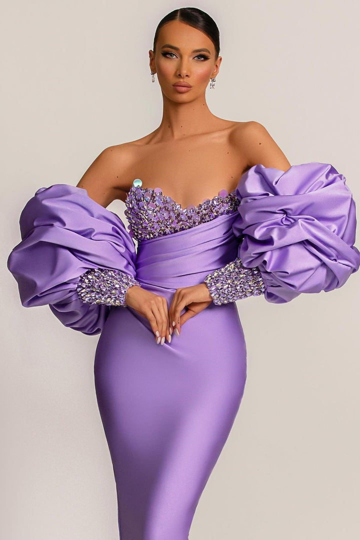 mermaid purple prom dresses Mermaid Prom Dress with Purple Bubble Sleeves