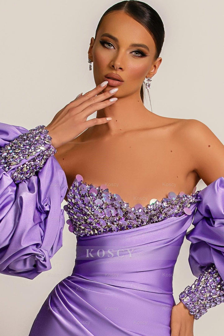 strapless open back dress Mermaid Prom Dress with Purple Bubble Sleeves