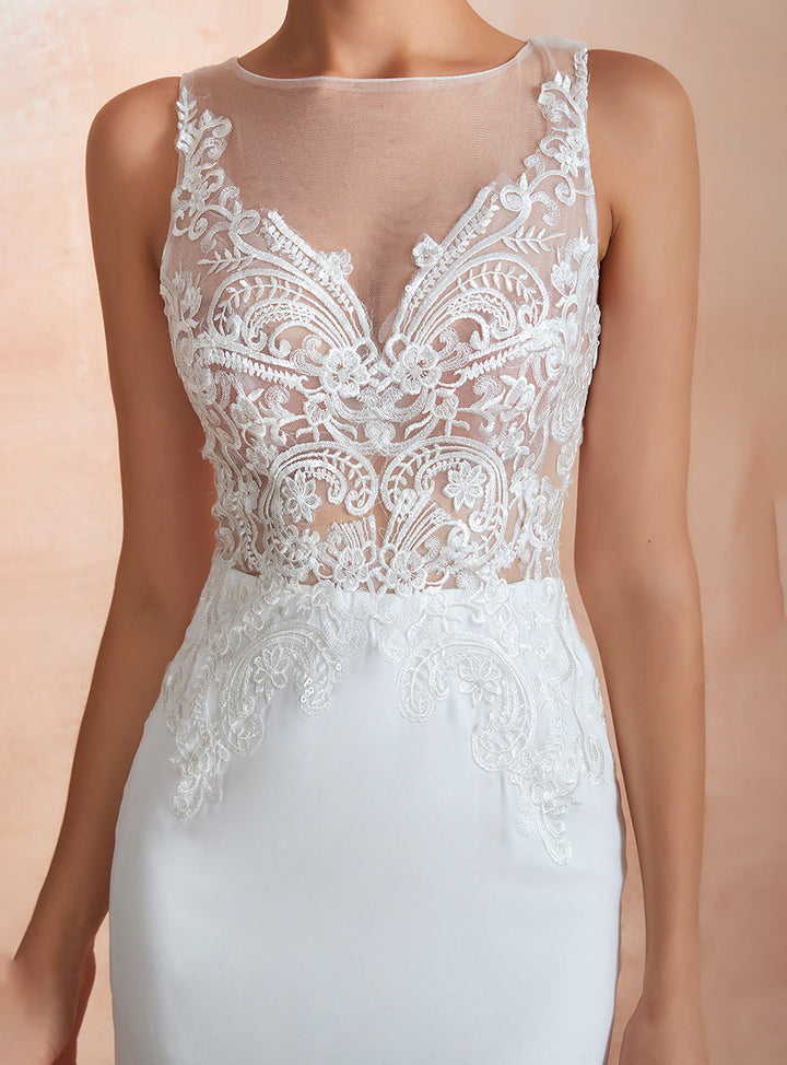 Mermaid Sleeveless Lace Chapel Train Dress-koscy