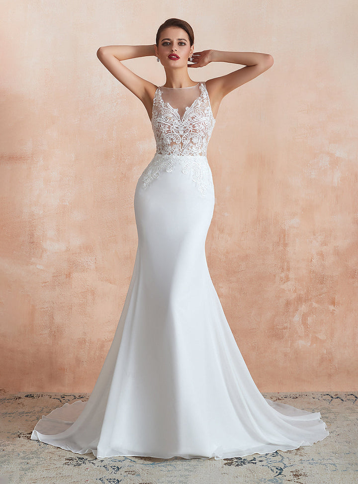 Mermaid Sleeveless Lace Chapel Train Dress-koscy