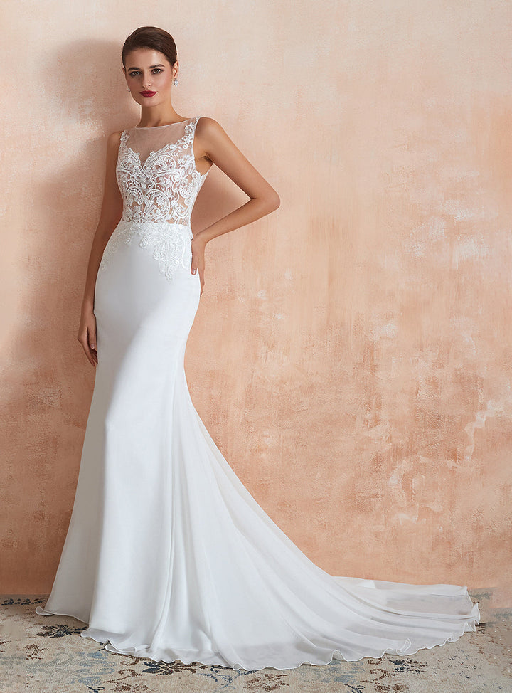 Mermaid Sleeveless Lace Chapel Train Dress-koscy