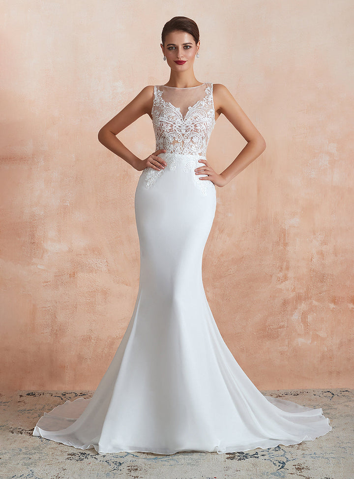 Mermaid Sleeveless Lace Chapel Train Dress-koscy