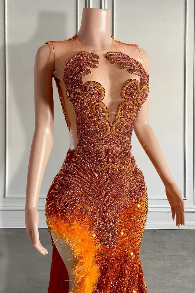 Mermaid Style Burnt Orange Sequins Formal Dresses with Side Slit Long Length Beadings and Feathers Mermaid Style Burnt Orange Sequins Formal Dresses with Side Slit Long Length Beadings and Feathers