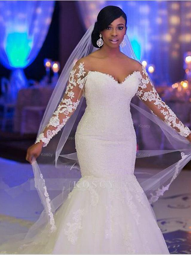 Mermaid Trumpet Wedding Gown Scoop Neck Court Train Organza Long Sleev