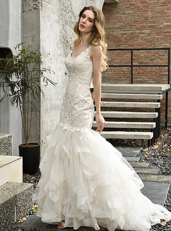 Mermaid Tulle Appliques Chapel Train Dress-koscy