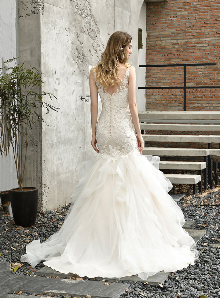 Mermaid Tulle Appliques Chapel Train Dress-koscy
