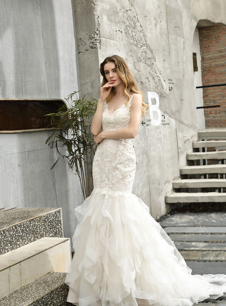 Mermaid Tulle Appliques Chapel Train Dress-koscy