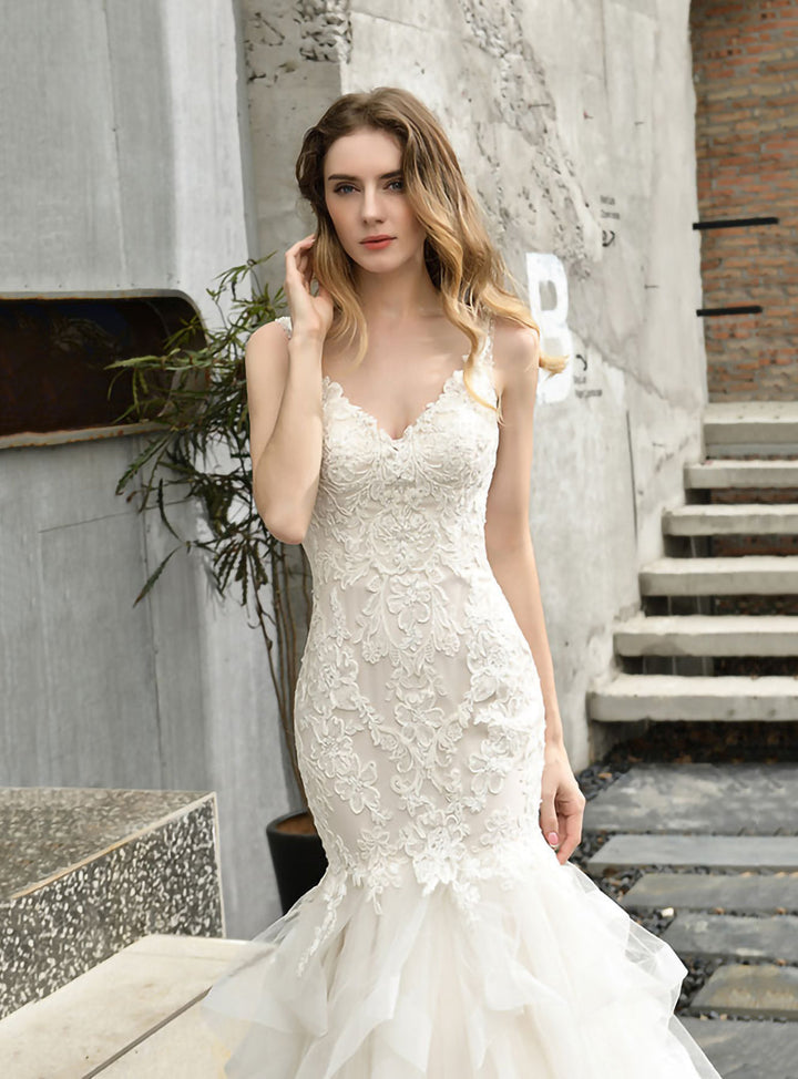 Mermaid Tulle Appliques Chapel Train Dress-koscy