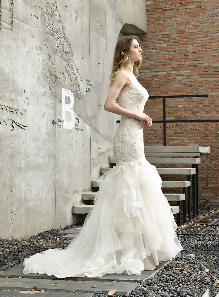 Mermaid Tulle Appliques Chapel Train Dress-koscy