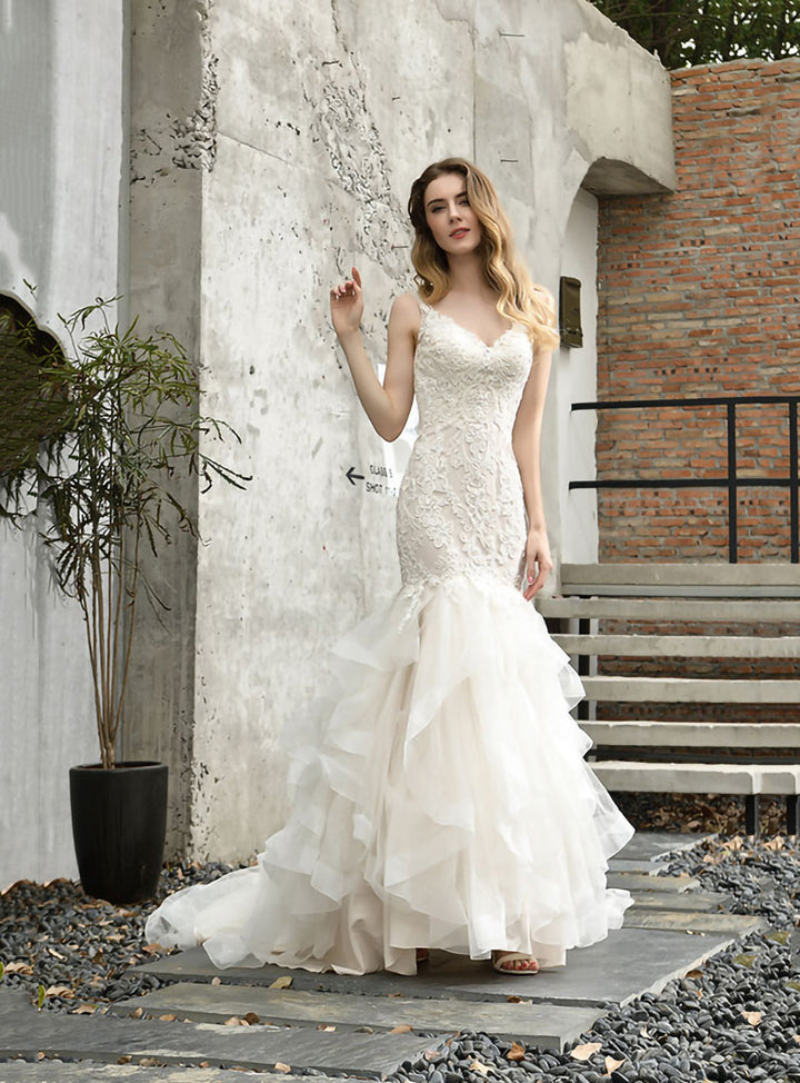 Mermaid Tulle Appliques Chapel Train Dress-koscy