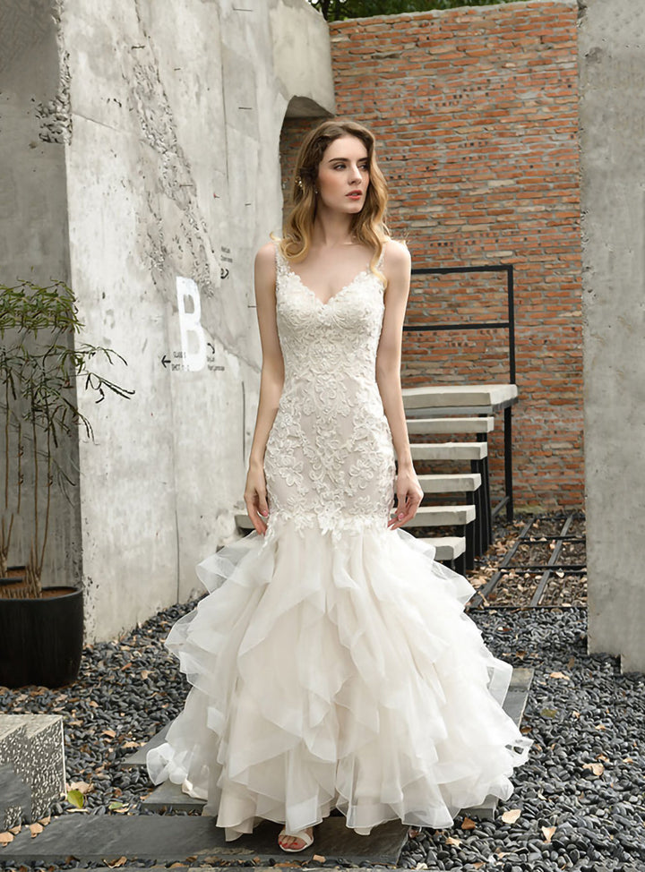 Mermaid Tulle Appliques Chapel Train Dress-koscy