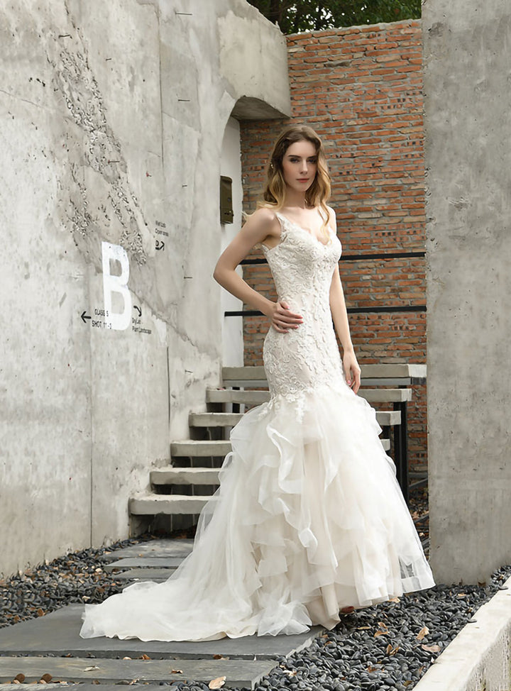 Mermaid Tulle Appliques Chapel Train Dress-koscy