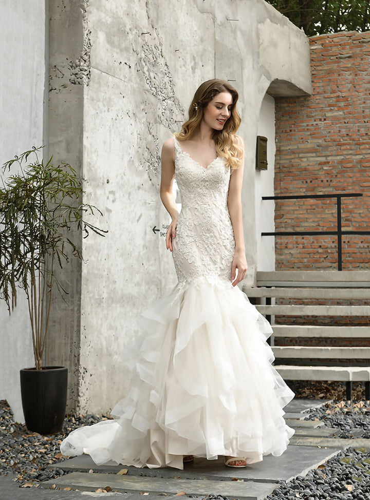 Mermaid Tulle Appliques Chapel Train Dress-koscy