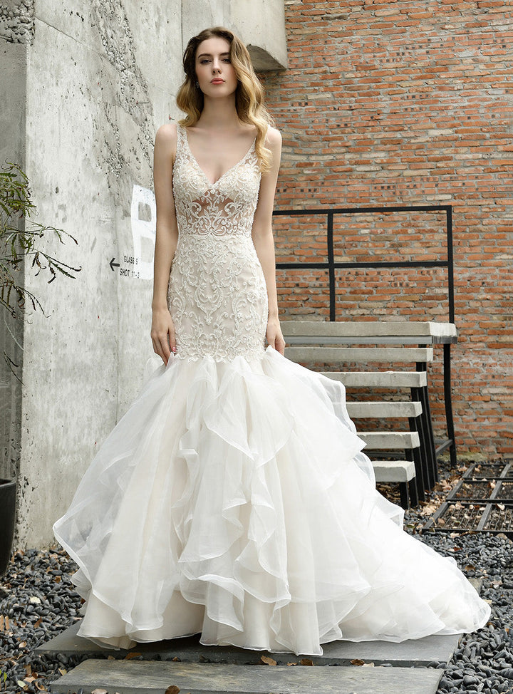 fitted lace wedding dress Mermaid V-Neck Natural Chapel Train Lace Tulle Modest Wedding Dress COCOMELODY CW3279, 45 Days / Ivory / US6-UK8-EUR36 main image 1