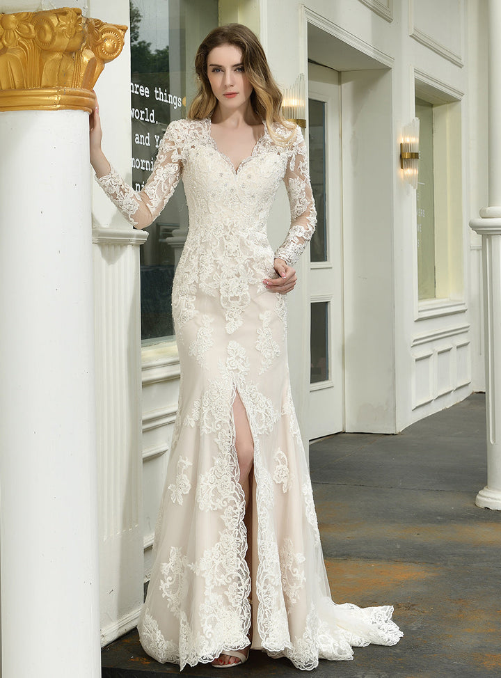 Mermaid V-neck Long Sleeves Front Slit Chapel Train Dress-koscy