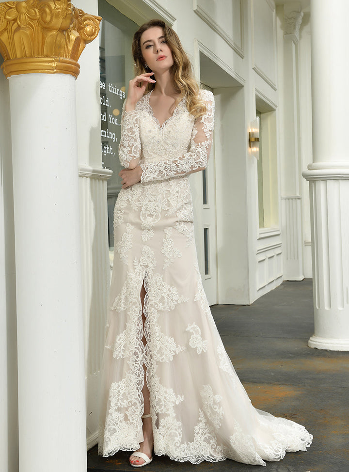 Mermaid V-neck Long Sleeves Front Slit Chapel Train Dress-koscy