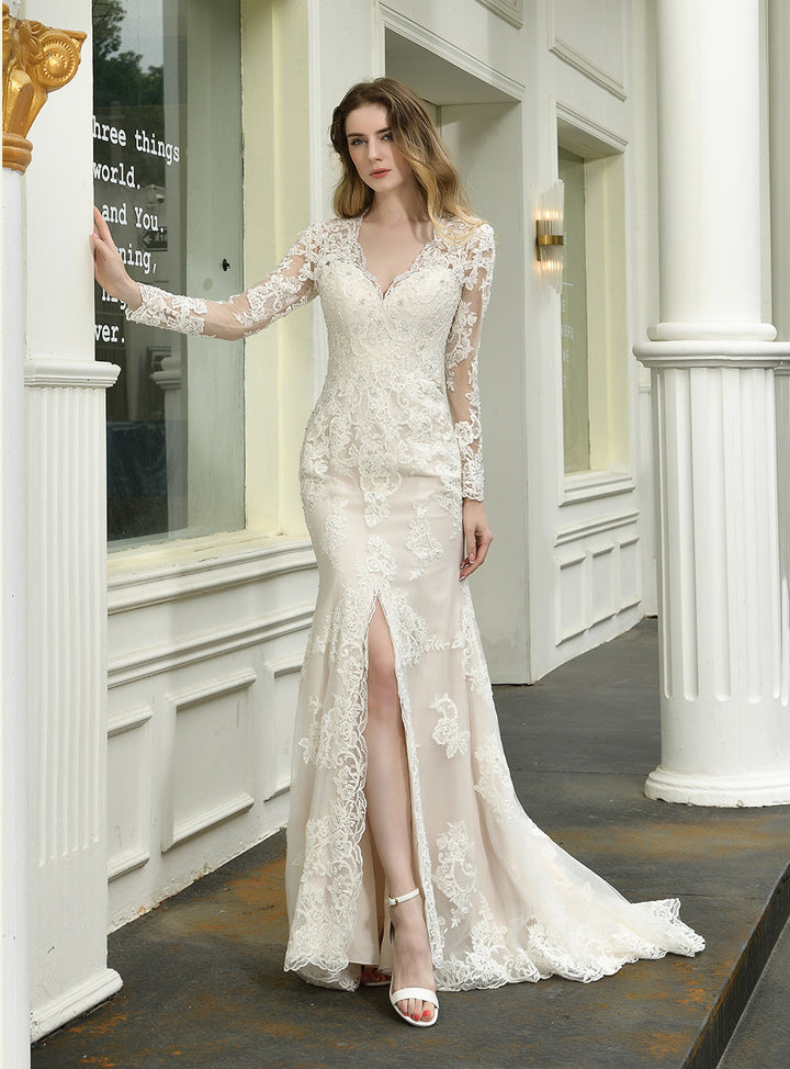 Mermaid V-neck Long Sleeves Front Slit Chapel Train Dress-koscy