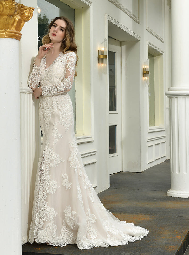 Mermaid V-neck Long Sleeves Front Slit Chapel Train Dress-koscy