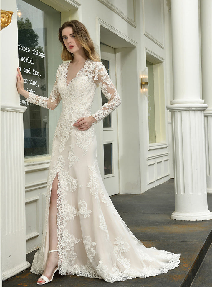Mermaid V-neck Long Sleeves Front Slit Chapel Train Dress-koscy