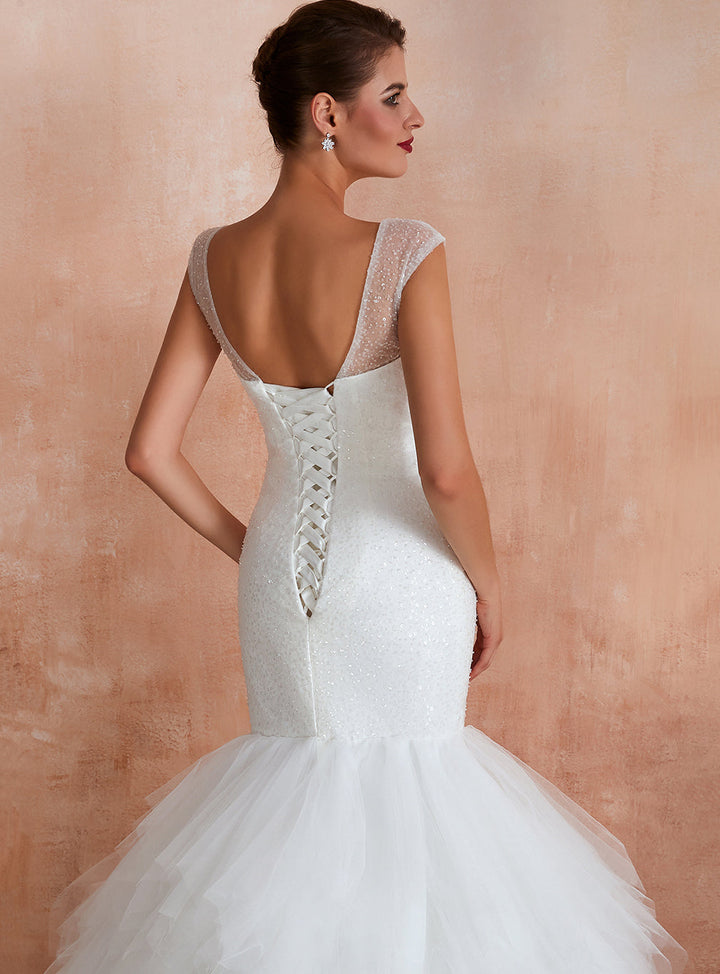 Mermaid V-Neck Tulle Sequins Cathedral Train Dress-koscy