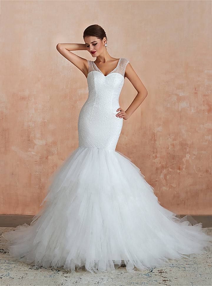 Mermaid V-Neck Tulle Sequins Cathedral Train Dress-koscy