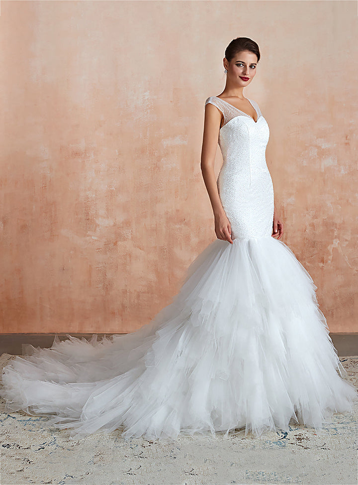 Mermaid V-Neck Tulle Sequins Cathedral Train Dress-koscy