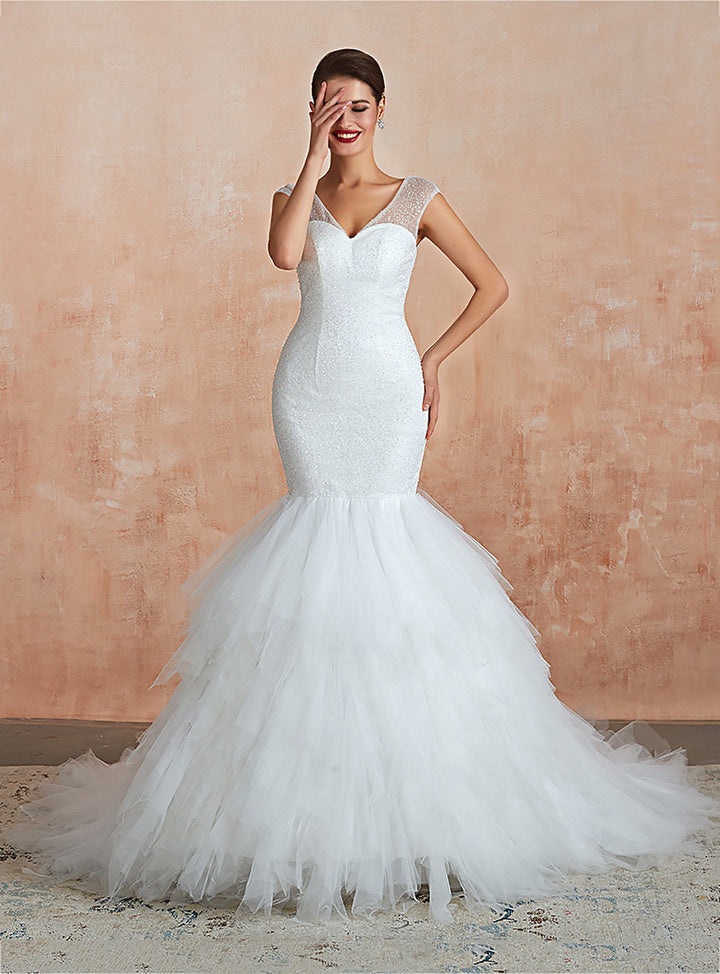 Mermaid V-Neck Tulle Sequins Cathedral Train Dress-koscy