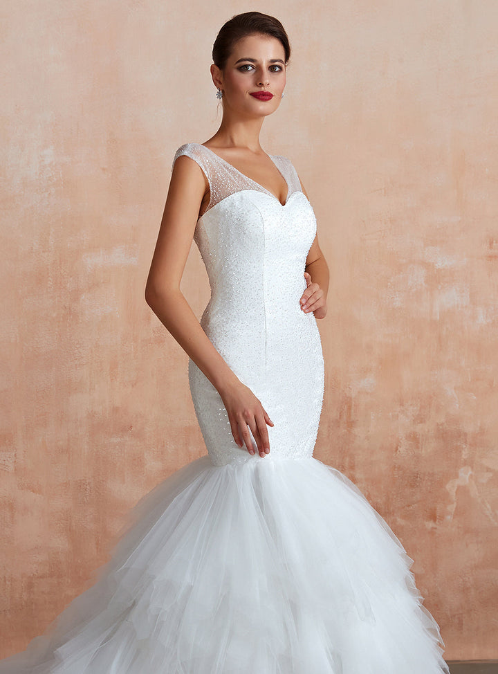 Mermaid V-Neck Tulle Sequins Cathedral Train Dress-koscy