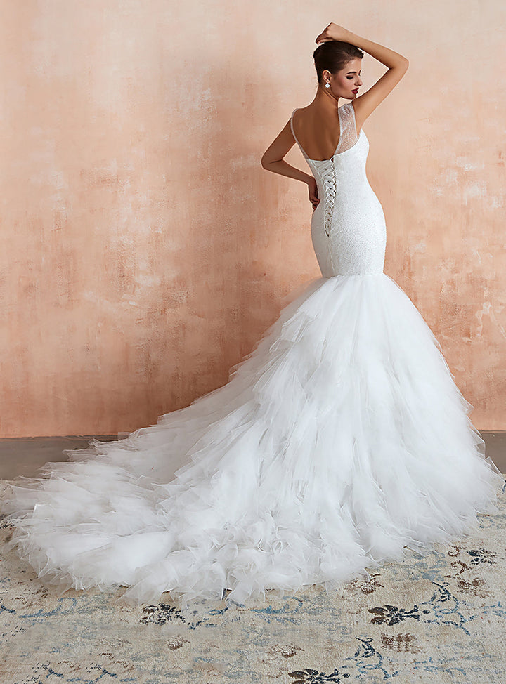 Mermaid V-Neck Tulle Sequins Cathedral Train Dress-koscy