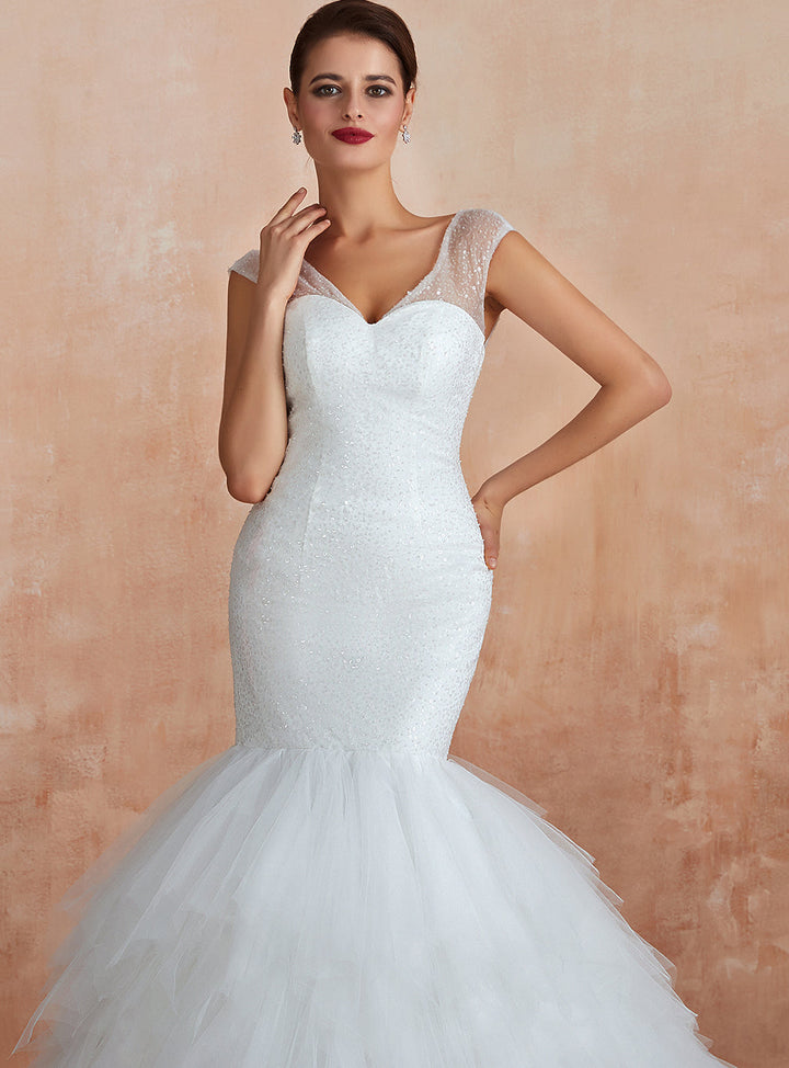Mermaid V-Neck Tulle Sequins Cathedral Train Dress-koscy