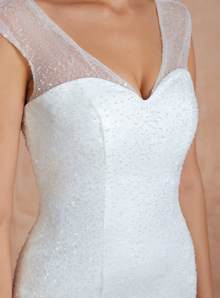 Mermaid V-Neck Tulle Sequins Cathedral Train Dress-koscy