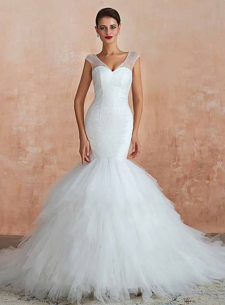 Mermaid V-Neck Tulle Sequins Cathedral Train Dress-koscy