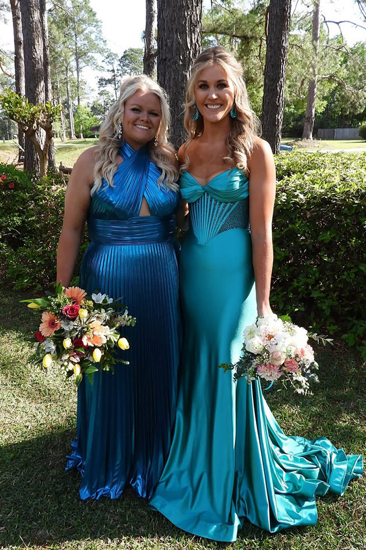 Metallic Blush Halter Neck A-Line Pleated Long Prom Dress with Slit Metallic Blush Halter Neck A-Line Pleated Long Prom Dress with Slit