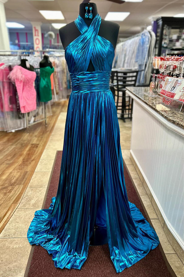 Metallic Blush Halter Neck A-Line Pleated Long Prom Dress with Slit