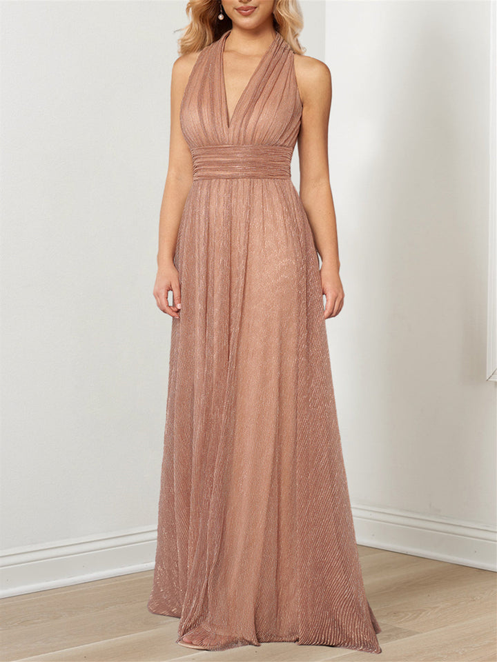 Metallic V-Neck Halter Mother of the Bride A-Line Floor-Length Dress Metallic V-Neck Halter Mother of the Bride A-Line Floor-Length Dress