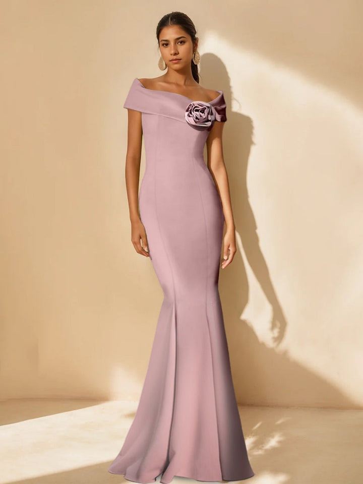 minimalist mother of the bride dress Minimalist Off-the-Shoulder Mother of the Bride Dresses in Trumpet/Mermaid Style with Detachable Flower