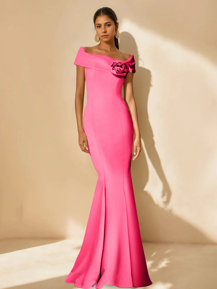 mother of the bride dresses mermaid style Minimalist Off-the-Shoulder Mother of the Bride Dresses in Trumpet/Mermaid Style with Detachable Flower