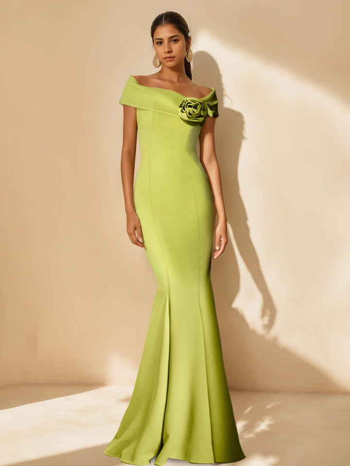knee length dresses for ladies Minimalist Off-the-Shoulder Mother of the Bride Dresses in Trumpet/Mermaid  Style with Detachable Flower