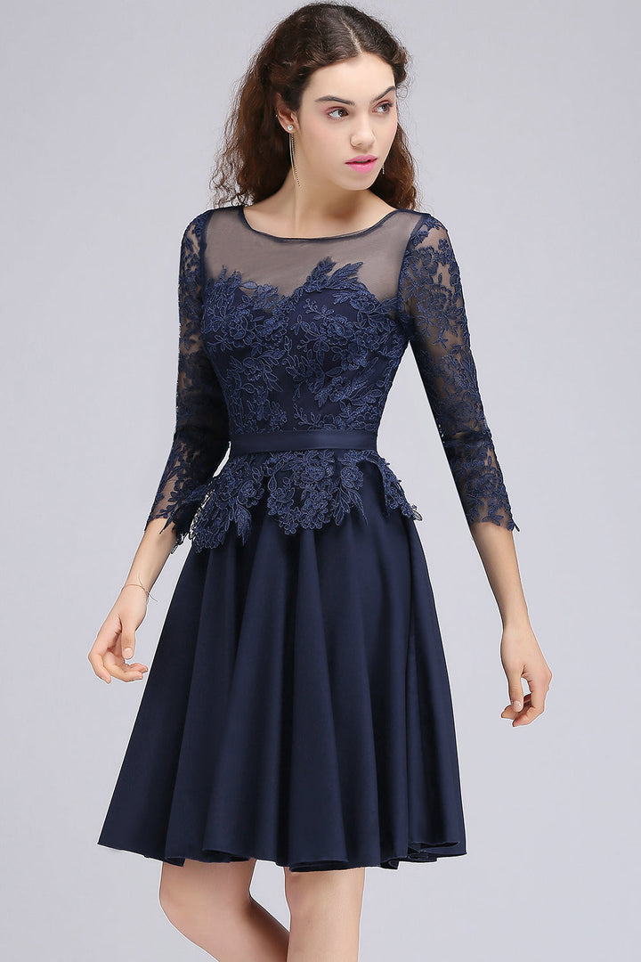 Modest 3/4 Sleeves Short Navy Lace Bridesmaid dresses with Appliques