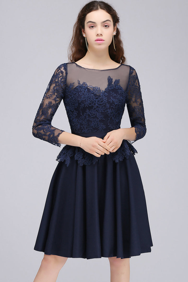 Modest 3/4 Sleeves Short Navy Lace Bridesmaid dresses with Appliques