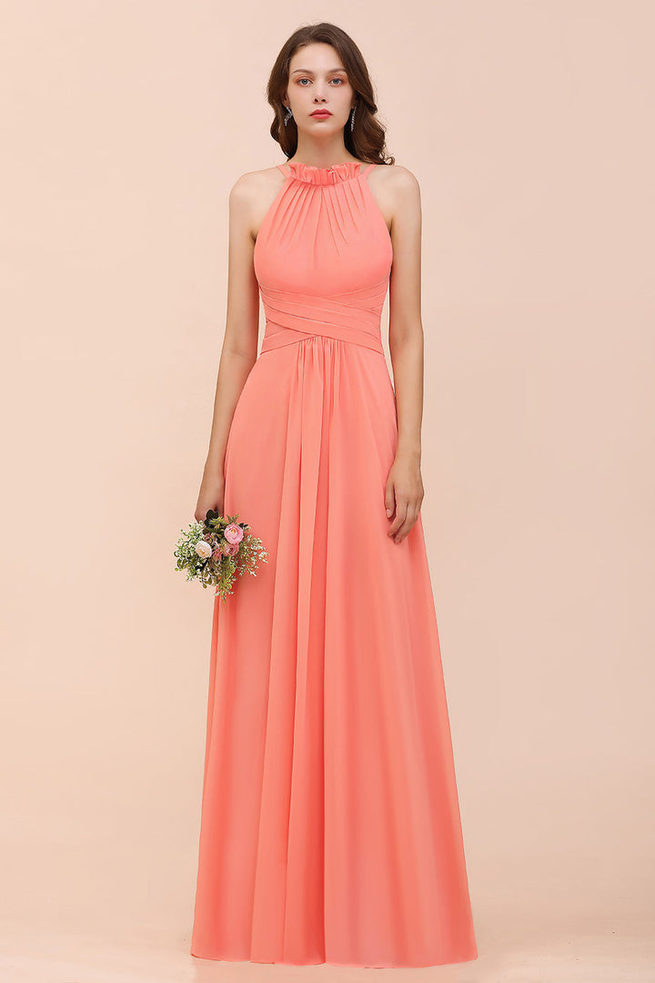 modest coral bridesmaid dresses Halter Ruffle Chiffon Affordable Plus size