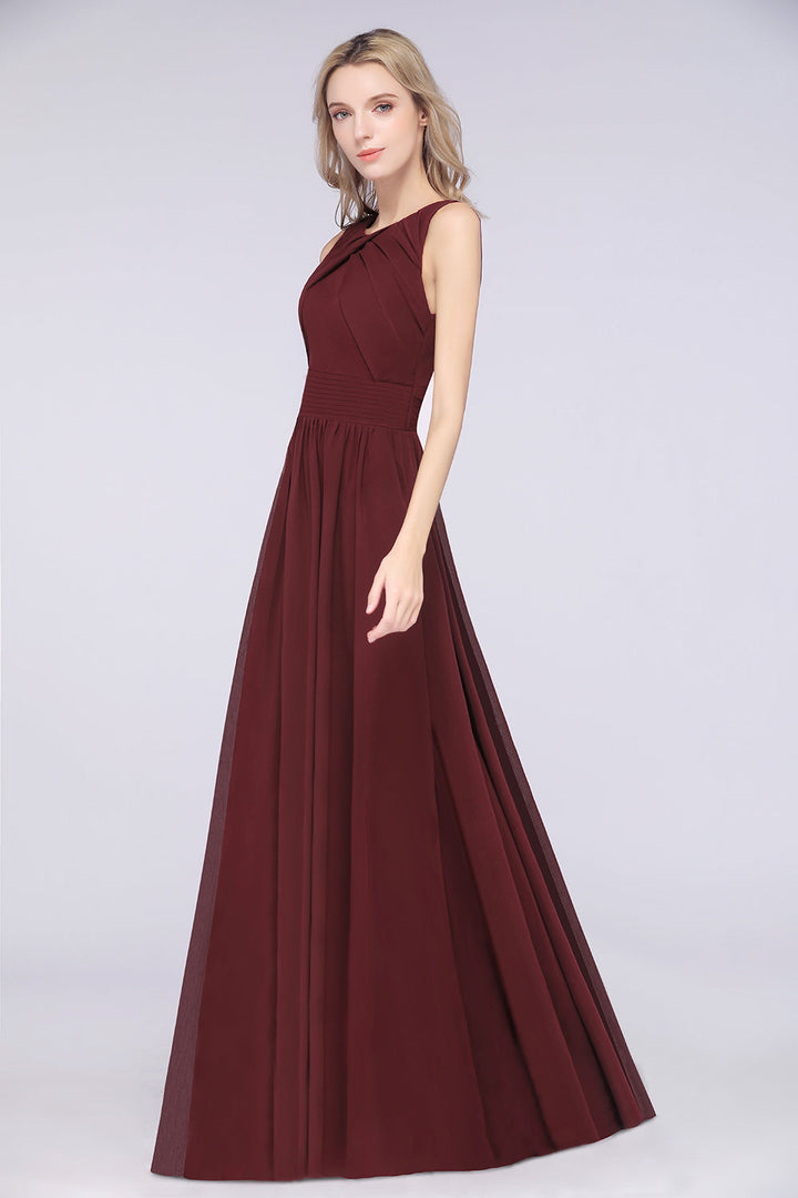 Modest Round-Neck Sleeveless Burgundy Bridesmaid dresses with Ruffles