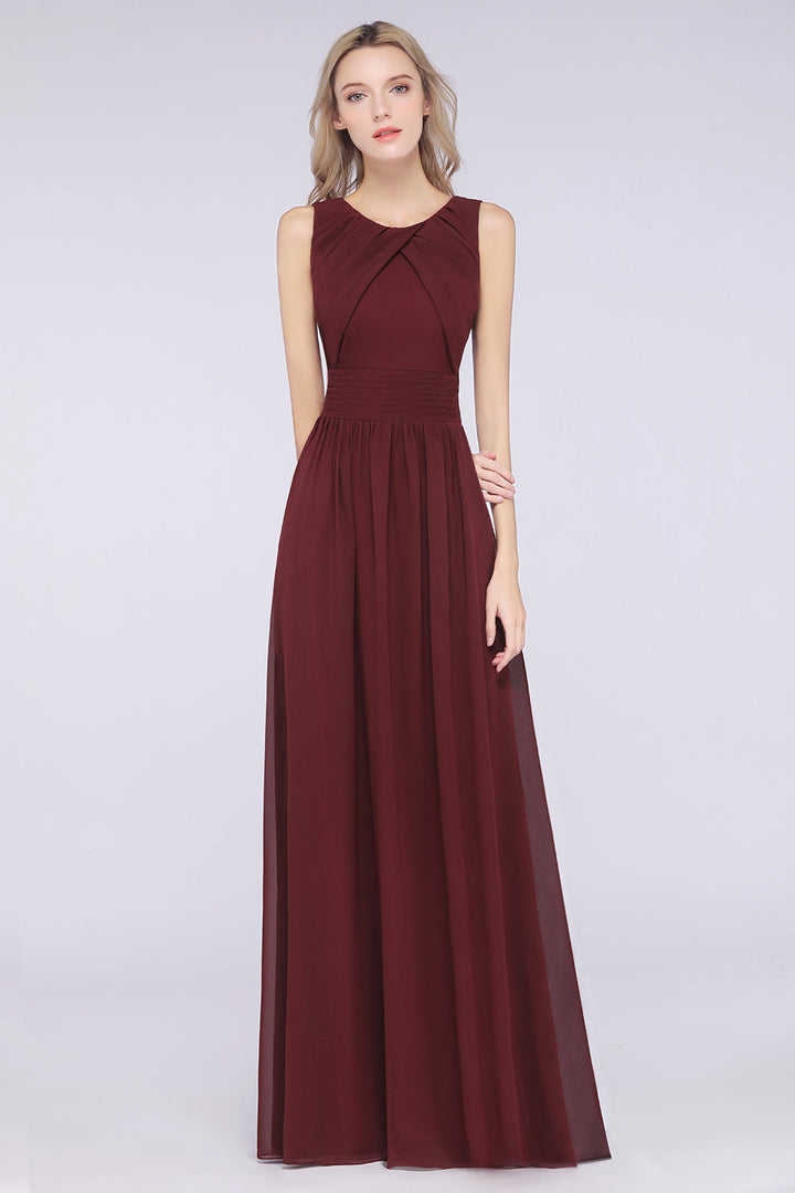 Modest Round-Neck Sleeveless Burgundy Bridesmaid dresses with Ruffles