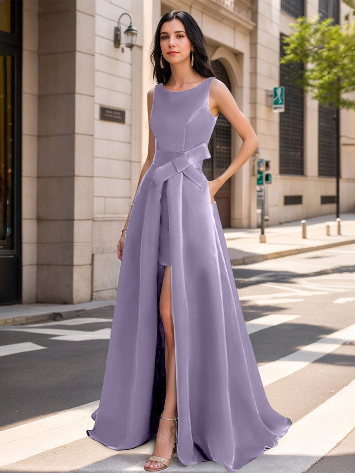 Mother of the Bride Scoop Neck A-Line/Princess Dress with High Split and Bow Mother of the Bride Scoop Neck A-Line/Princess Dress with High Split and Bow
