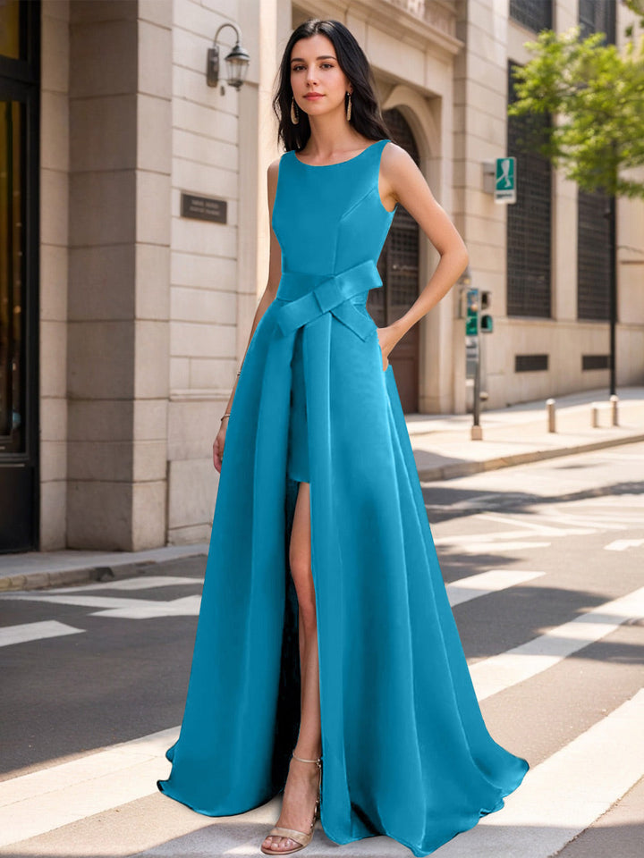 Mother of the Bride Scoop Neck A-Line/Princess Dress with High Split and Bow Mother of the Bride Scoop Neck A-Line/Princess Dress with High Split and Bow