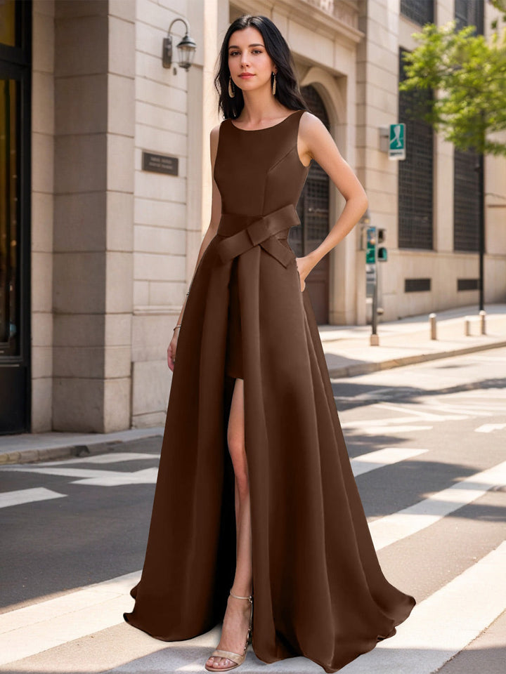 Mother of the Bride Scoop Neck A-Line/Princess Dress with High Split and Bow Mother of the Bride Scoop Neck A-Line/Princess Dress with High Split and Bow