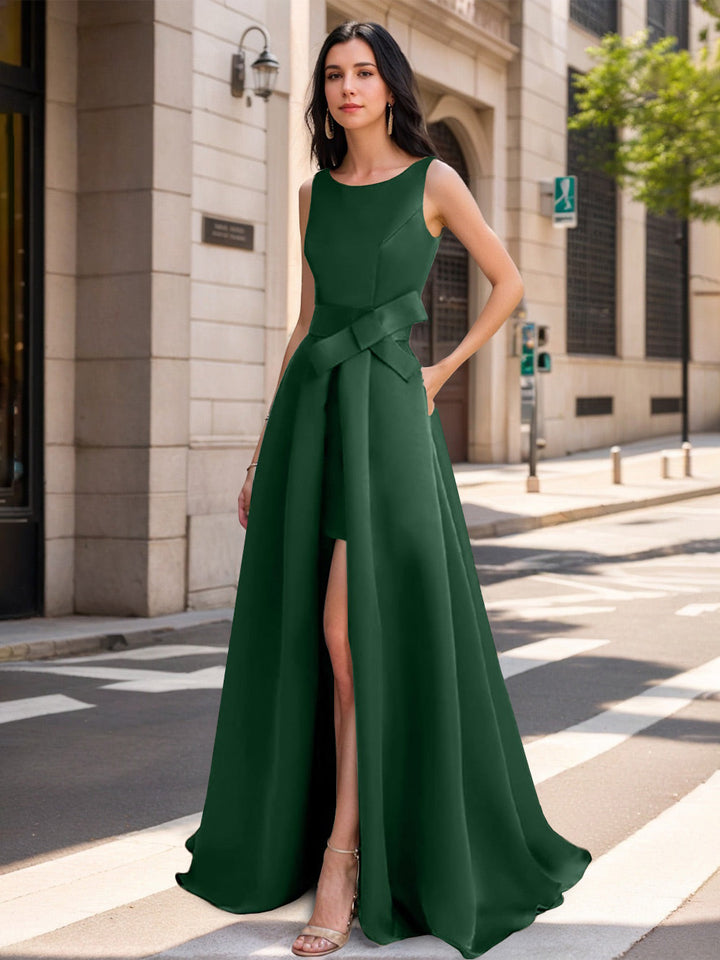 Mother of the Bride Scoop Neck A-Line/Princess Dress with High Split and Bow Mother of the Bride Scoop Neck A-Line/Princess Dress with High Split and Bow